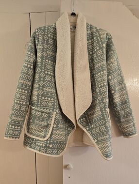 Sonoma Sage Green and Cream Fair Isle Sherpa Open-Front Cardigan